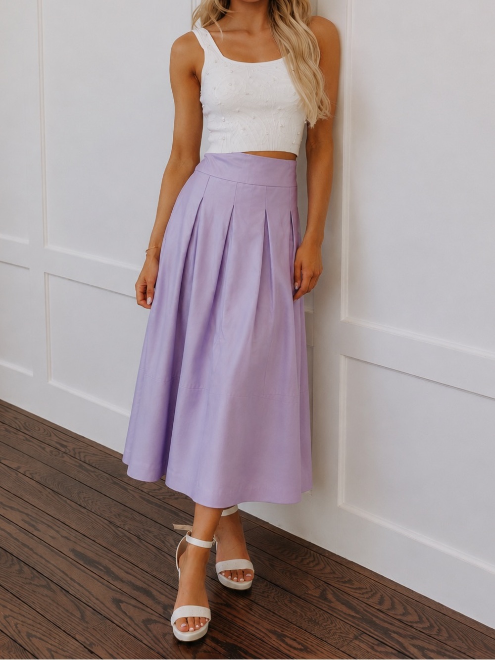 Bod & Christensen Orchid Bloom Leather Pleat Midi Skirt
